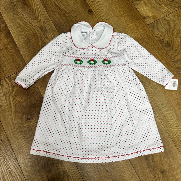 NWT Magnolia Baby polka dot Christmas dress with smocked wreaths - Size 18M - Picture 2 of 9
